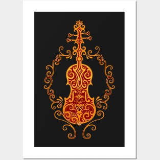 Intricate Golden Red Tribal Violin Design Posters and Art